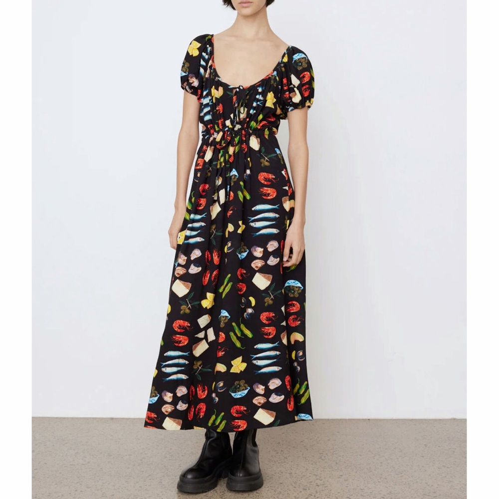 Lisa Says Gah Lux Food Print Maxi Dress Tapas Black Lemon Olive Fruit XL
